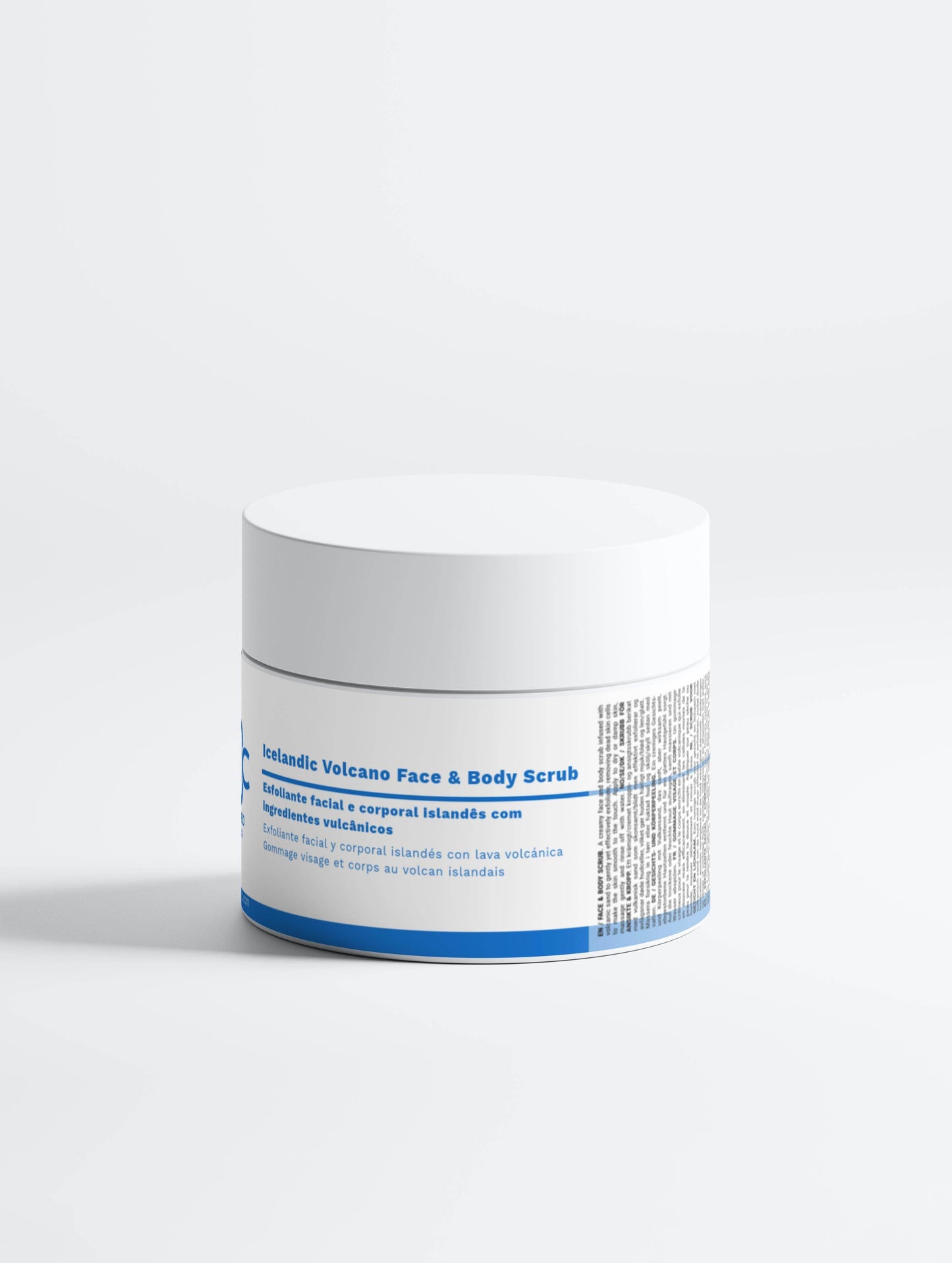 Esfoliante de vulcão islandês em pote branco para cuidados faciais e corporais com ingredientes naturais