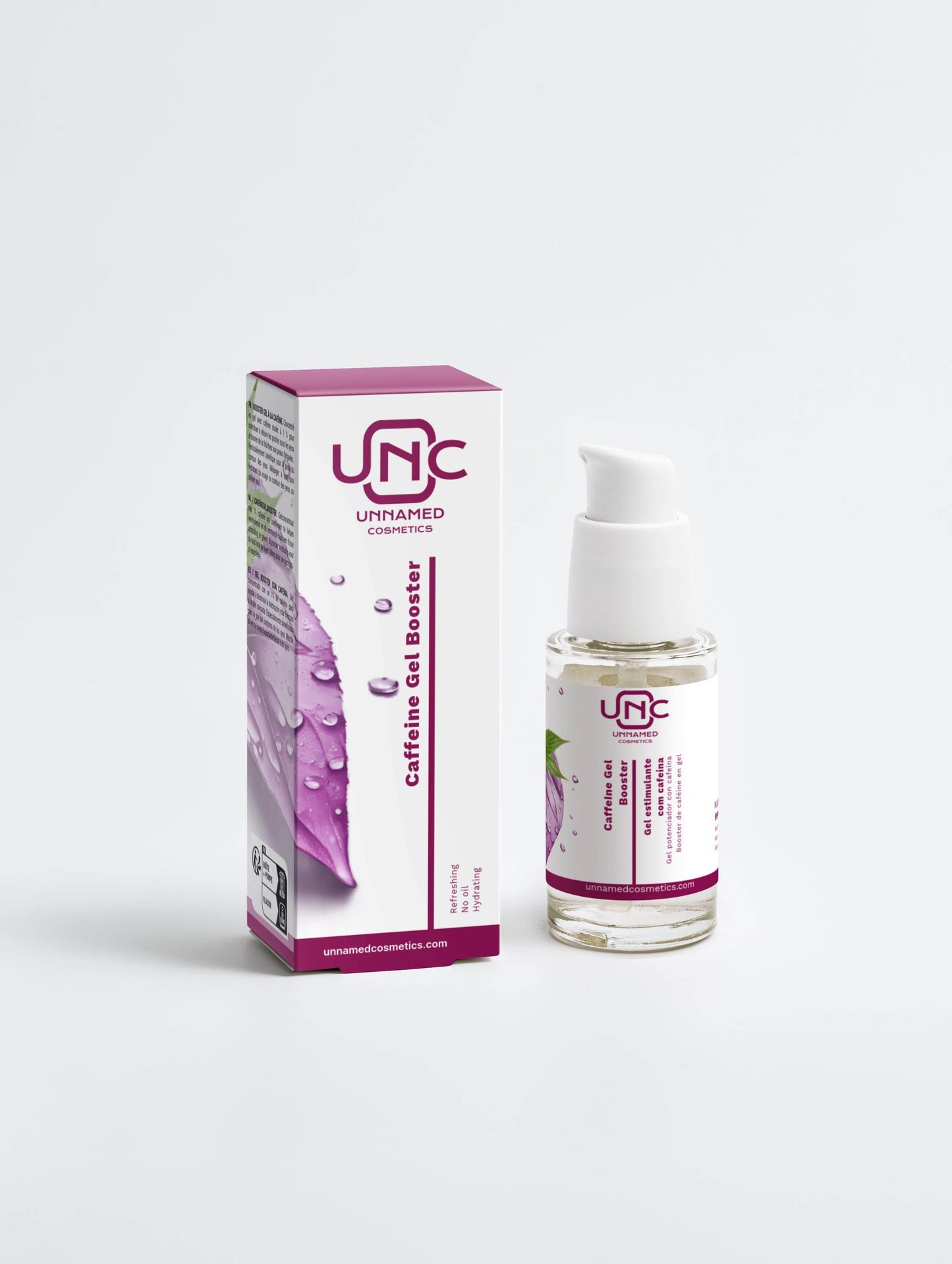 Frasco de gel com cafeína para olheiras da Unnamed Cosmetics com embalagem colorida