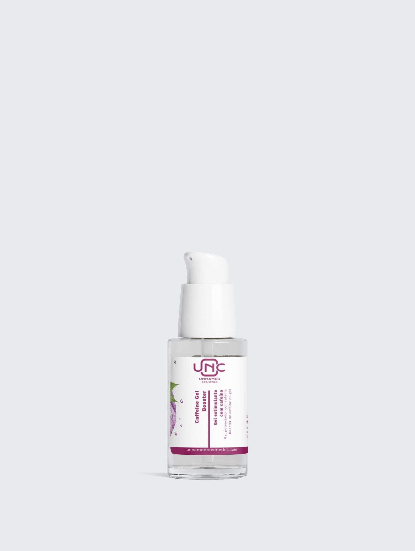 Gel com cafeína para olheiras da Unnamed Cosmetics em frasco pump, ideal para reduzir olheiras.
