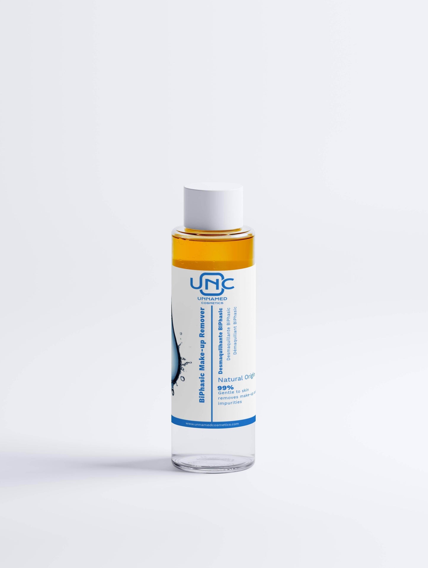 Removedor de maquiagem natural UNC em frasco transparente com tampa branca para limpeza suave da pele