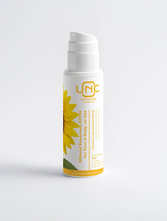 Protetor Solar Mineral da Unnamed Cosmetics, Bloqueador Solar Cruelty-free SPF30 com embalagem de girassol