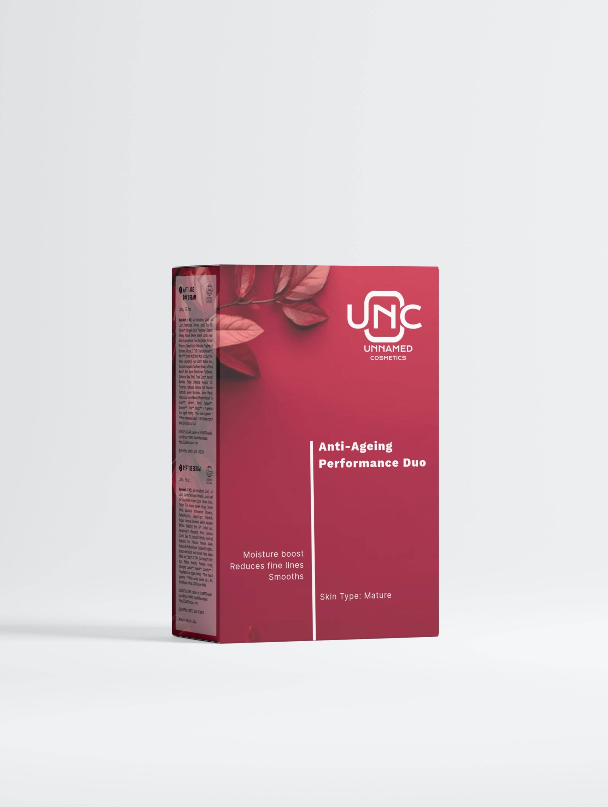 Embalagem do duo antienvelhecimento natural da Unnamed Cosmetics para pele madura, com ingredientes hidratantes