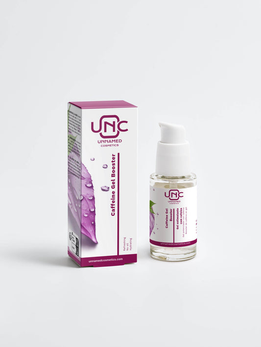 Frasco de gel com cafeína para olheiras da Unnamed Cosmetics com embalagem colorida