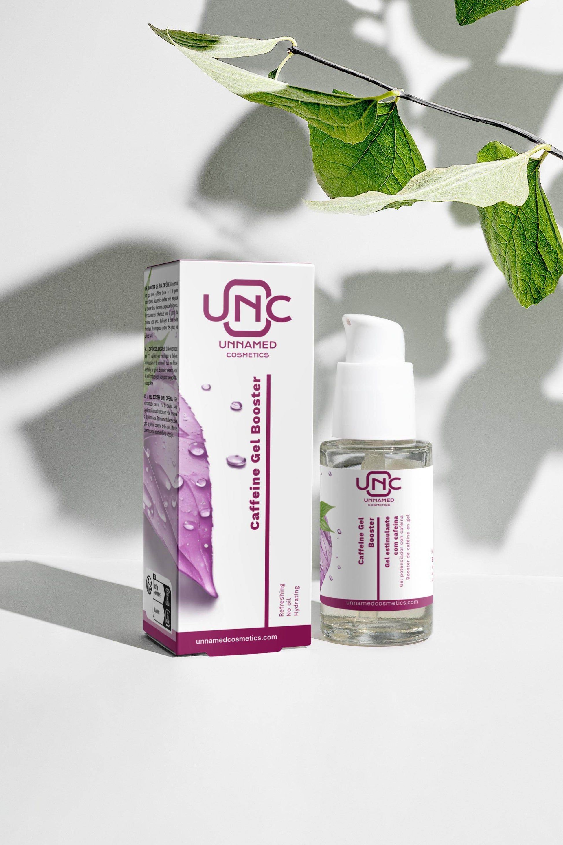 Gel com cafeína para olheiras da Unnamed Cosmetics em embalagem com gotas de água