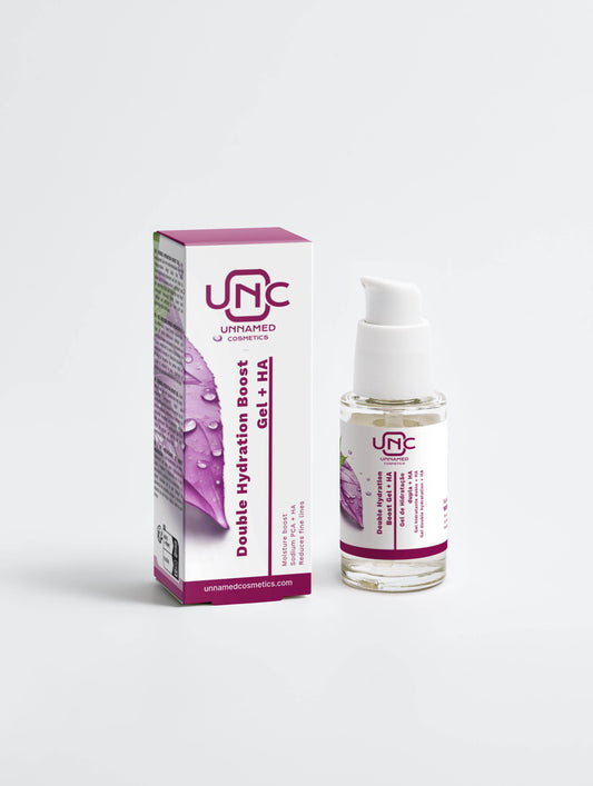 Gel facial de hidratação dupla HA da Unnamed Cosmetics em frasco com embalagem de papel elegante