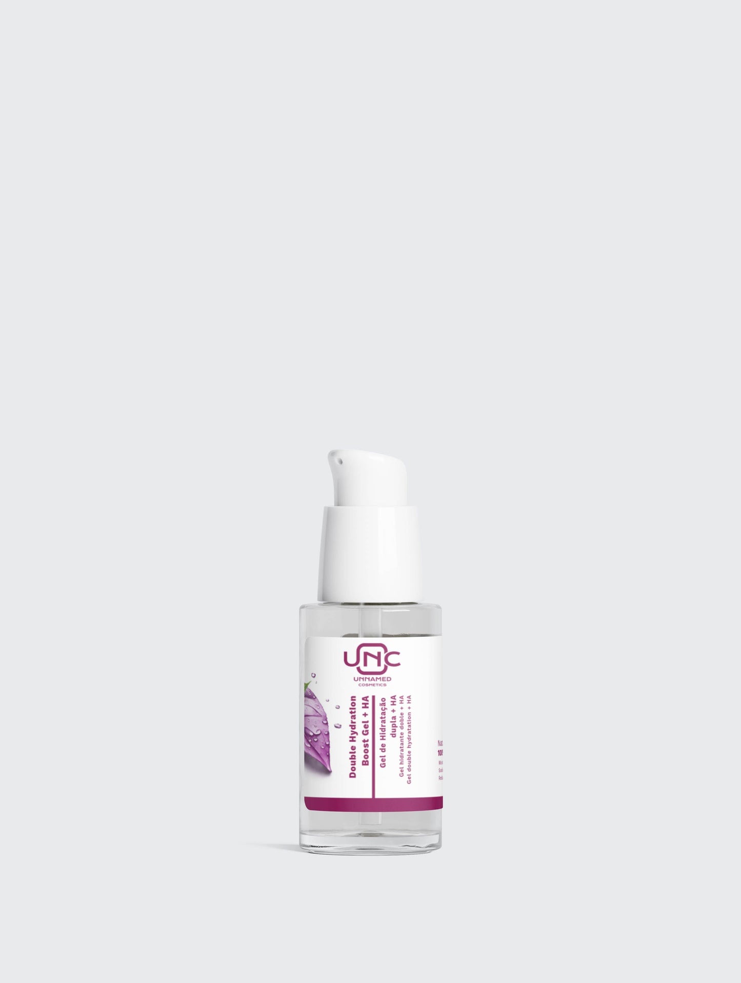Gel facial de hidratacao dupla HA da Unnamed Cosmetics em frasco com aplicador prático
