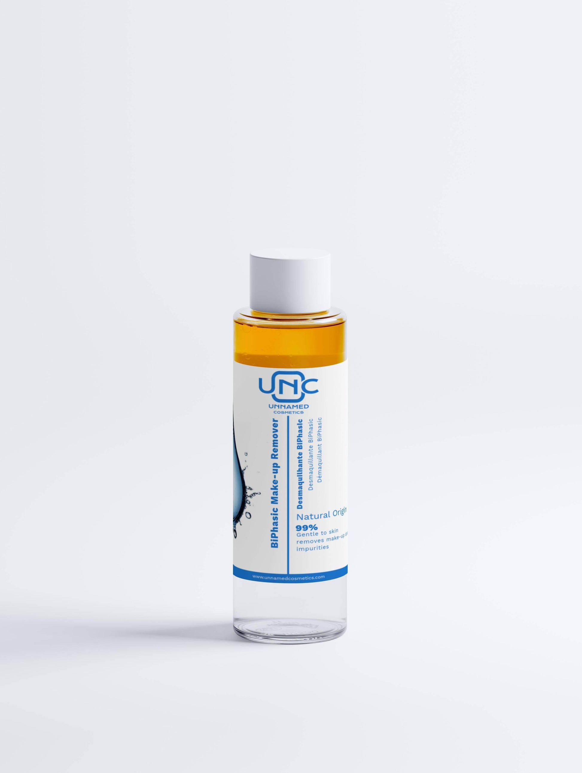 Removedor de maquiagem natural UNC em frasco transparente com tampa branca para limpeza suave da pele