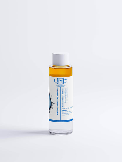 Removedor de maquiagem natural UNC em frasco transparente com tampa branca para limpeza suave da pele