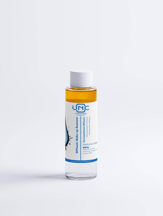 Removedor de maquiagem natural UNC em frasco transparente com tampa branca para limpeza suave da pele