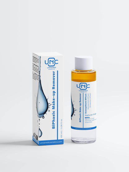 Removedor de maquiagem natural UNC em embalagem com fórmula bifásica para limpeza eficaz