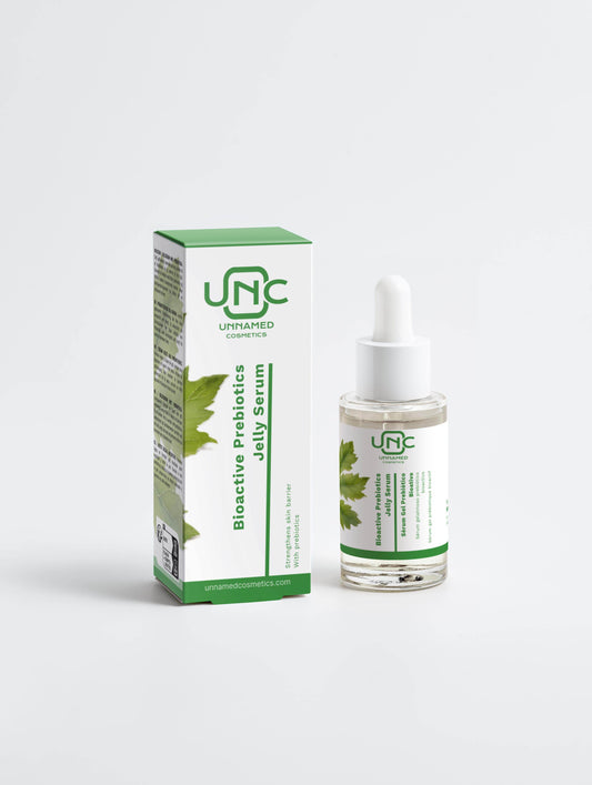 Frasco de sérum prebiótico vegan da Unnamed Cosmetics com embalagem verde e branca